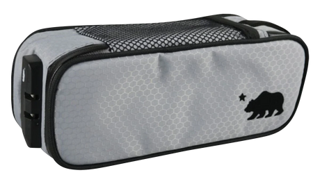 Cali Crusher Medium Locking Soft Case in gray with black mesh and secure lock, side view
