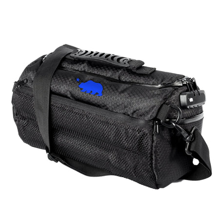 Cali Duffle 12" Standard in Black/Blue, angled side view, showcasing durable fabric and lock