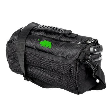 Cali Duffle 12" Standard in Black/Green, side view, featuring smell-proof silicone material.