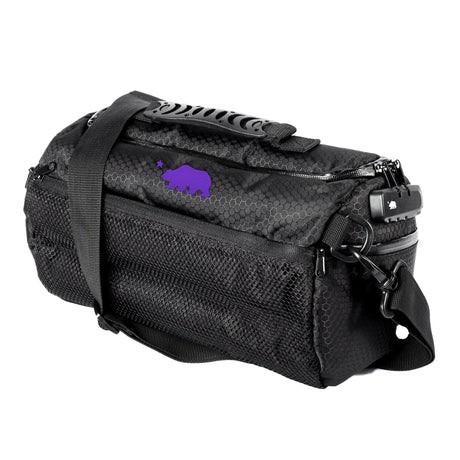 Cali Duffle 12" Standard in Black/Purple, side view, with durable fabric and lockable zippers