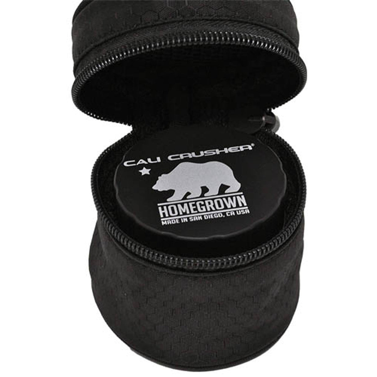 Cali Crusher Homegrown Grinder Case open view showing locking zipper and logo