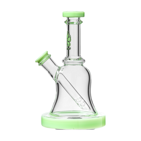 Calibear Bell Rig in clear borosilicate glass with green accents, compact 6" height, front view