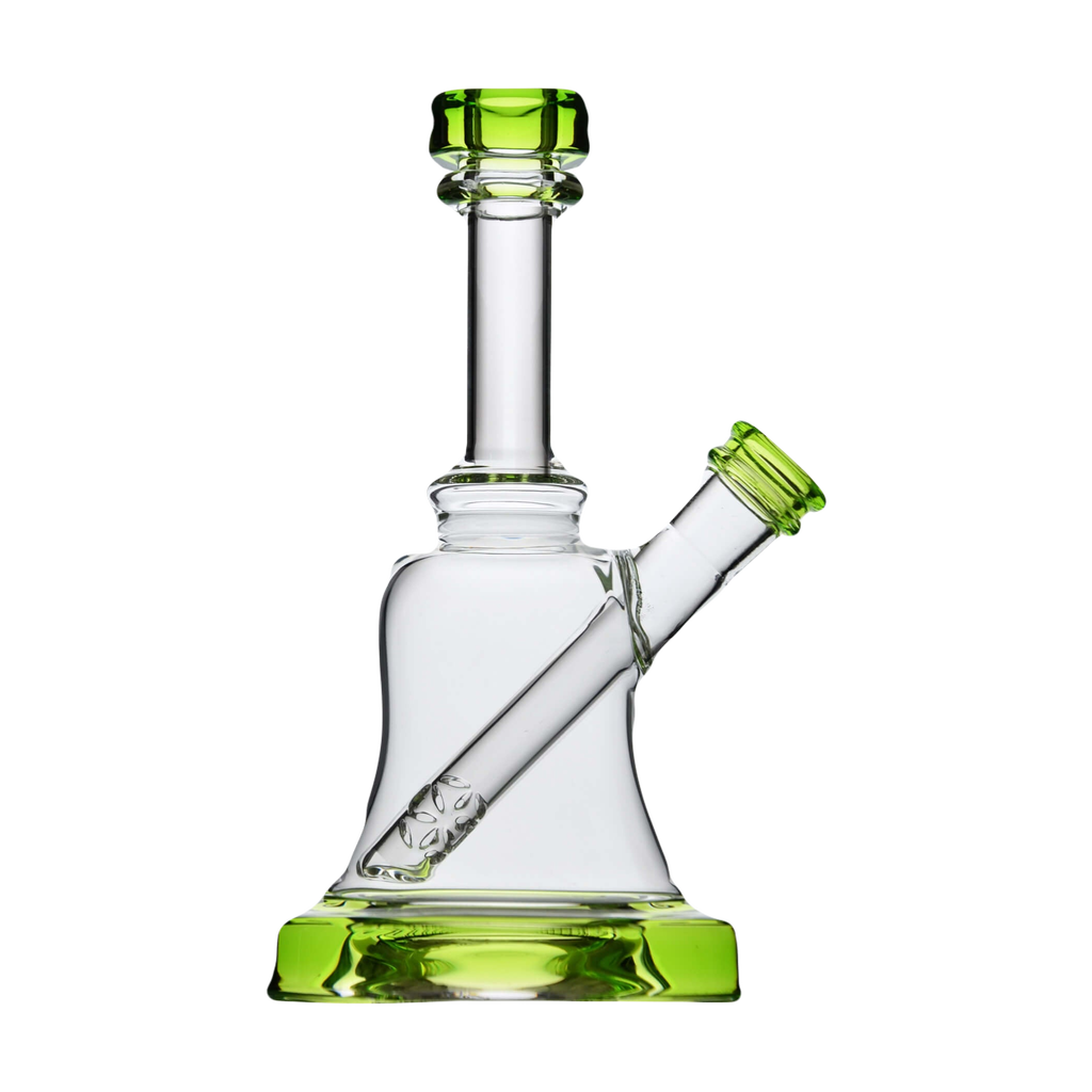 Calibear Bell Rig in clear glass with green accents, compact 6" height, 14mm joint, front view