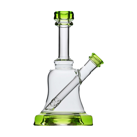 Calibear Bell Rig in clear glass with green accents, compact 6" height, 14mm joint, front view