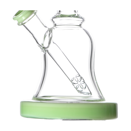 Calibear Bell Rig clear with green accents, compact 6" borosilicate glass dab rig, side view