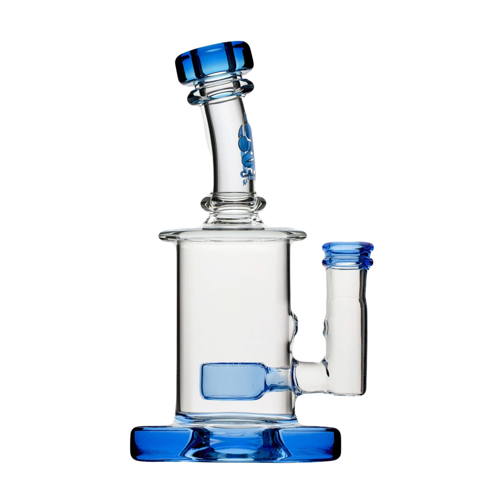 Calibear Colored Mini Can Dab Rig in Clear and Blue with Beaker Design, Front View on White Background