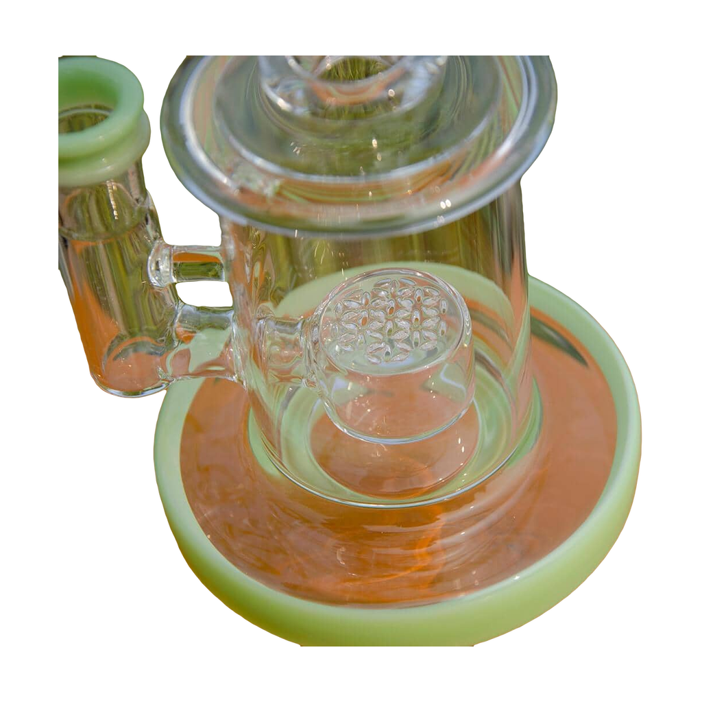 Calibear Mini Can Dab Rig in green, close-up side view, with intricate glasswork on 14mm joint