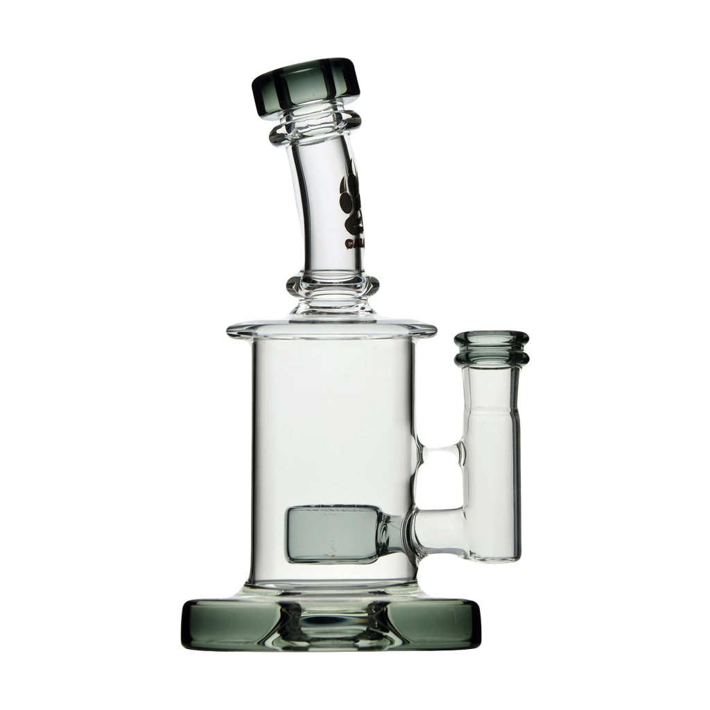 Calibear Colored Mini Can Dab Rig in Clear with Green Accents, Beaker Design, Front View