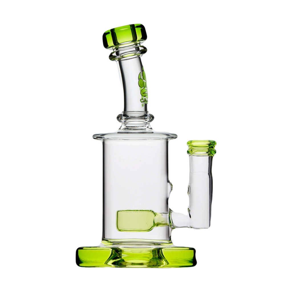 Calibear Colored Mini Can Dab Rig in Lime Green, Beaker Design, 6.5" Height, Front View