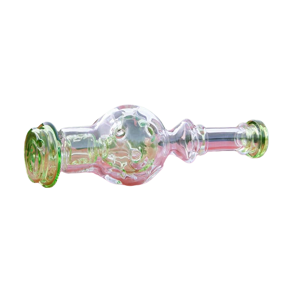 Calibear Exosphere Puffco Peak Glass Top in clear with green accents, bubble design, outdoor view