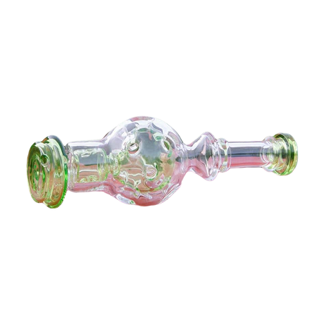 Calibear Exosphere Puffco Peak Glass Top in clear with green accents, bubble design, outdoor view