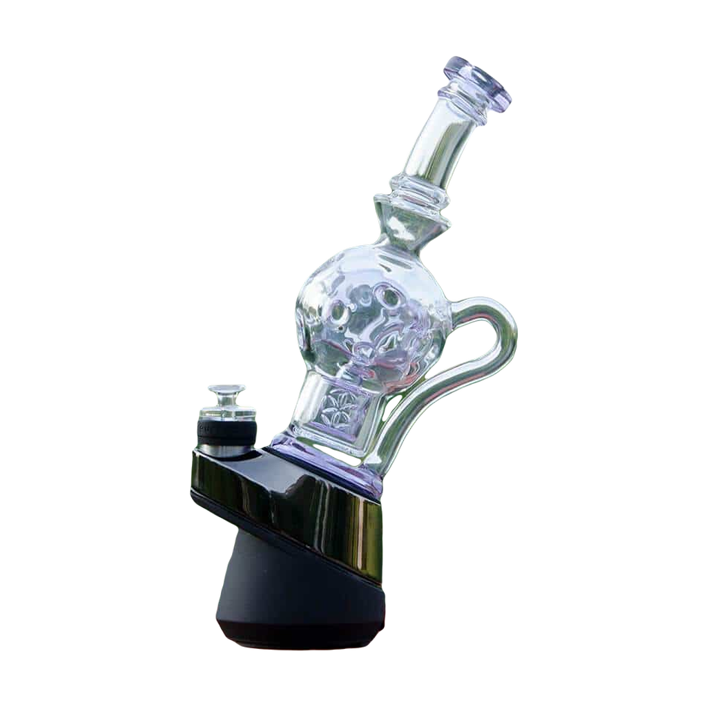 Calibear Exosphere Puffco Peak Glass Top, bubble design, side view on outdoor backdrop