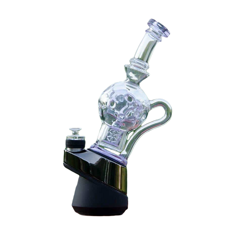 Calibear Exosphere Puffco Peak Glass Top, bubble design, side view on outdoor backdrop