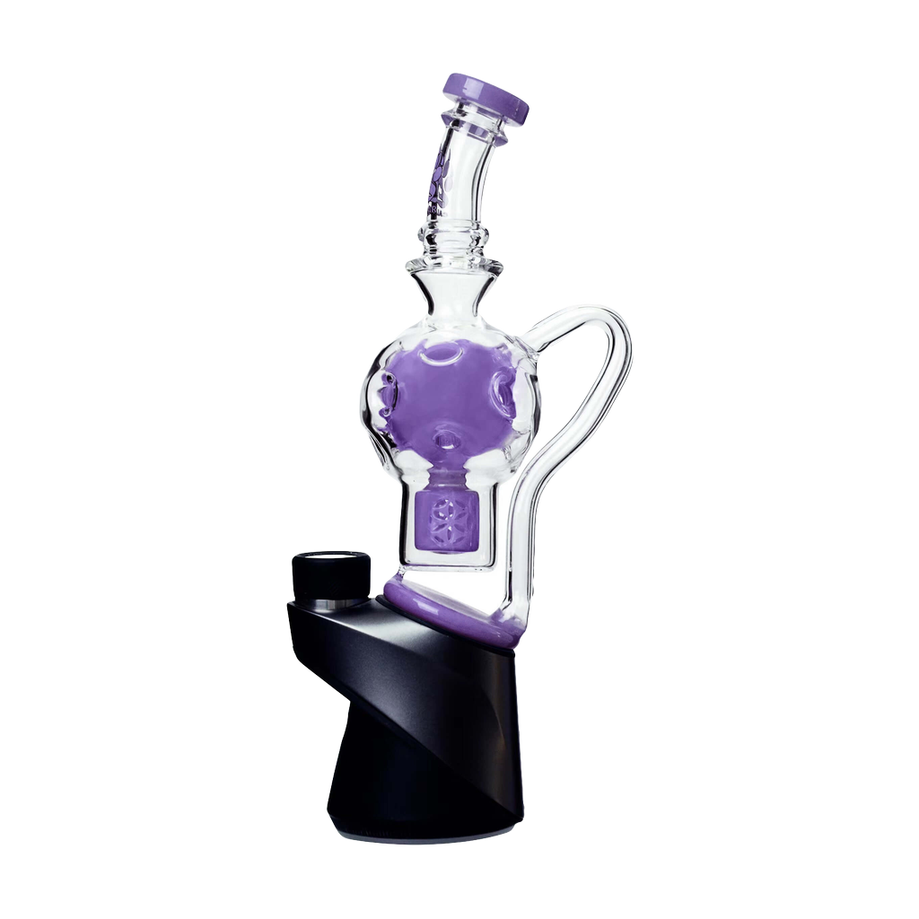 Calibear Exosphere Puffco Peak Glass Top in purple, side view on seamless white background