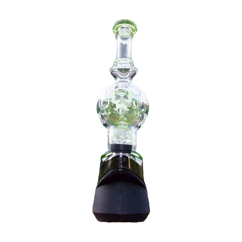 Calibear Exosphere Puffco Peak Glass Top in green, bubble design, front view on natural background