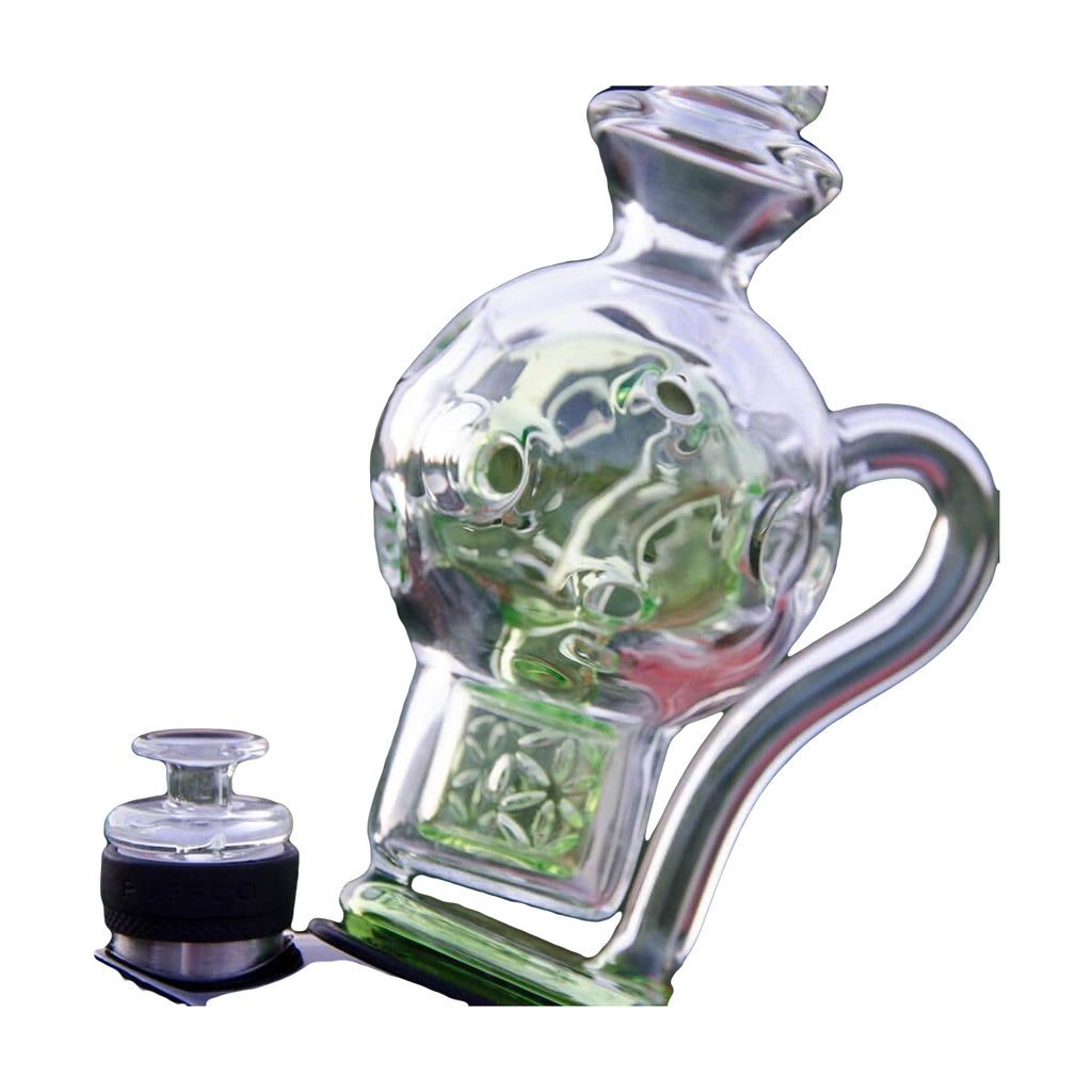 Calibear Exosphere Puffco Peak Glass Top with bubble design and green accent, side view