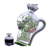 Calibear Exosphere Puffco Peak Glass Top with bubble design and green accent, side view