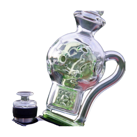 Calibear Exosphere Puffco Peak Glass Top with bubble design and green accent, side view