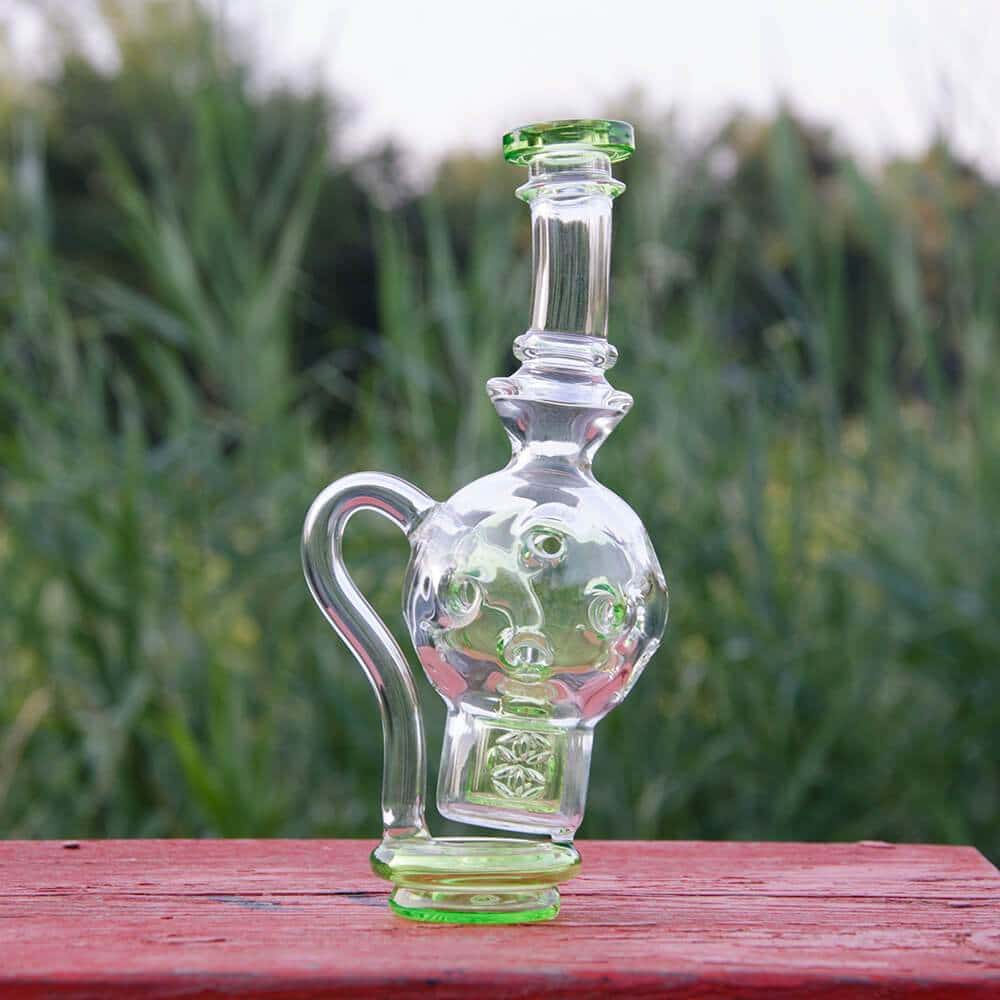 Calibear Exosphere Glass Top for Puffco Peak in Clear with Green Accents, Outdoor Side View