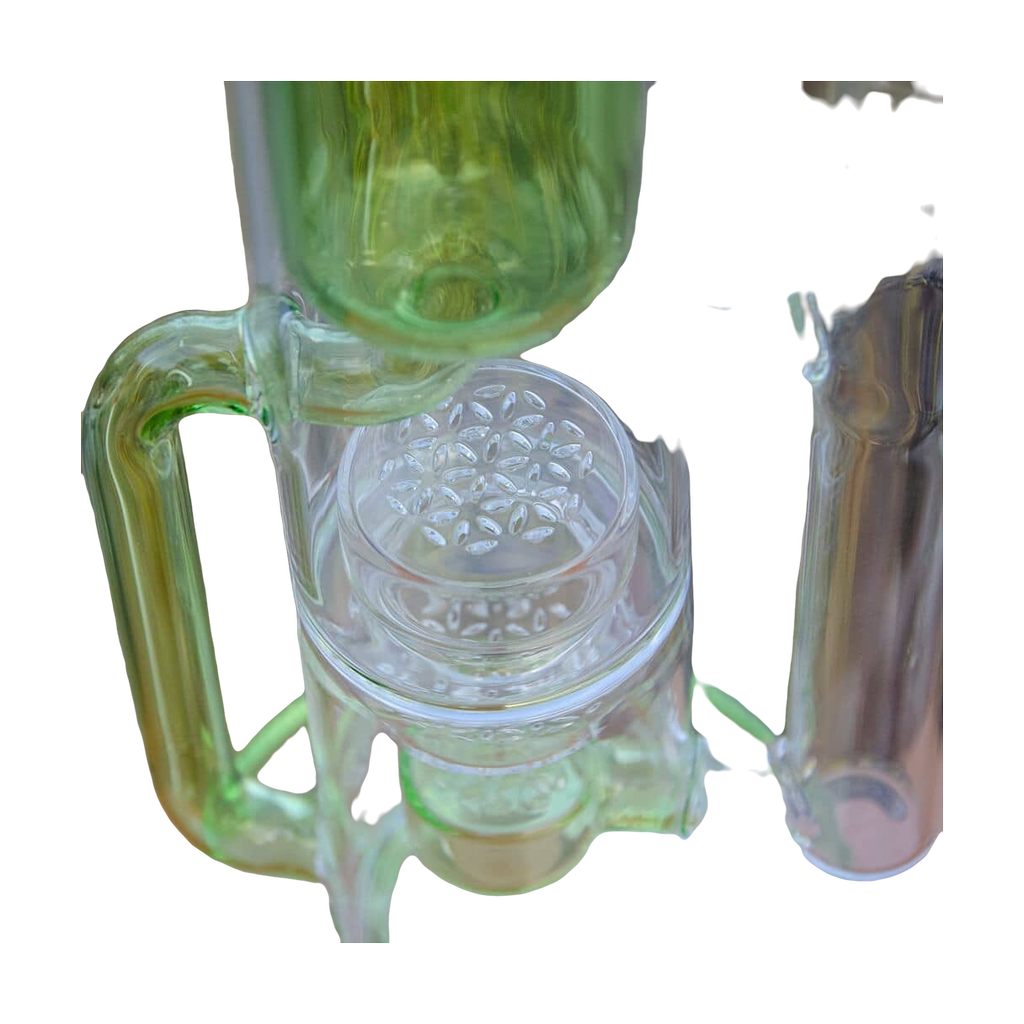 Close-up of Calibear Flower Klein Bong with clear and green glass detailing