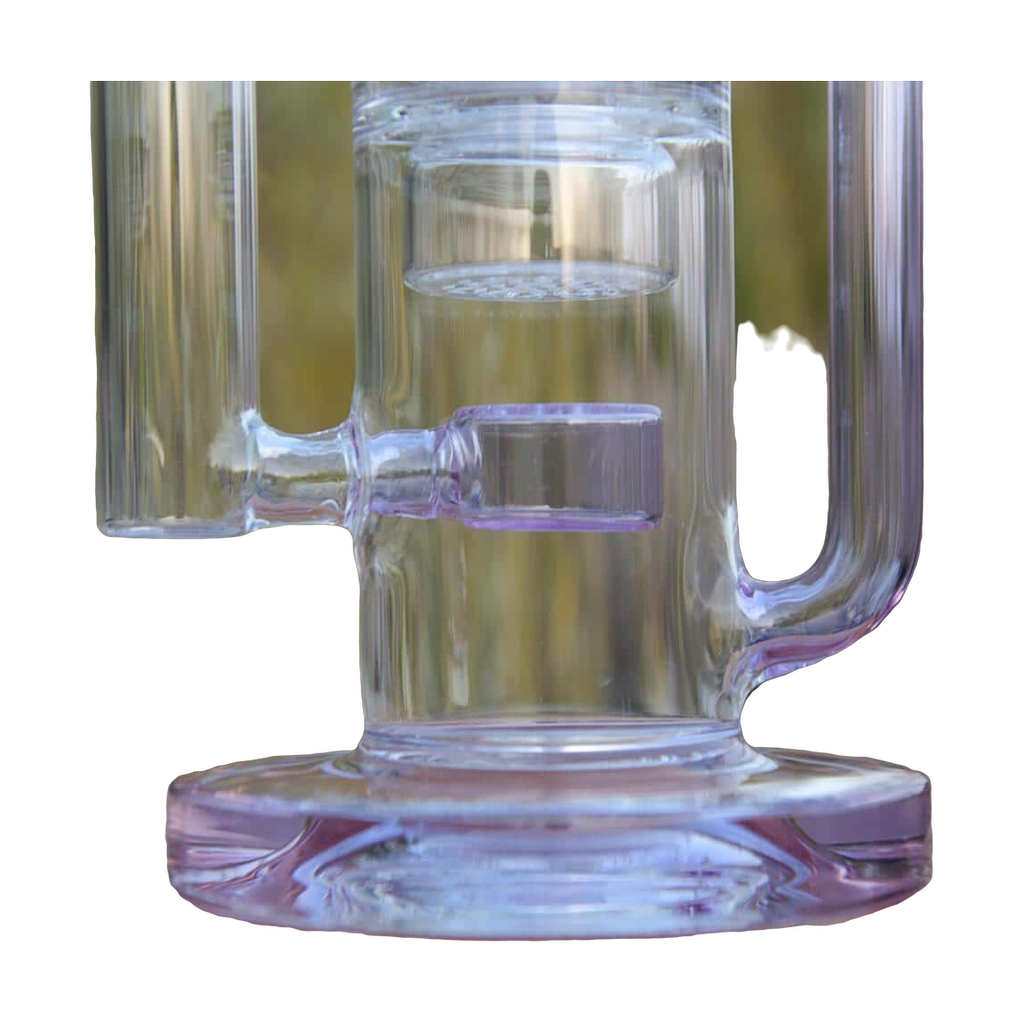 Calibear Flower Klein Bong in clear glass with purple accents, 14" recycler design, side view