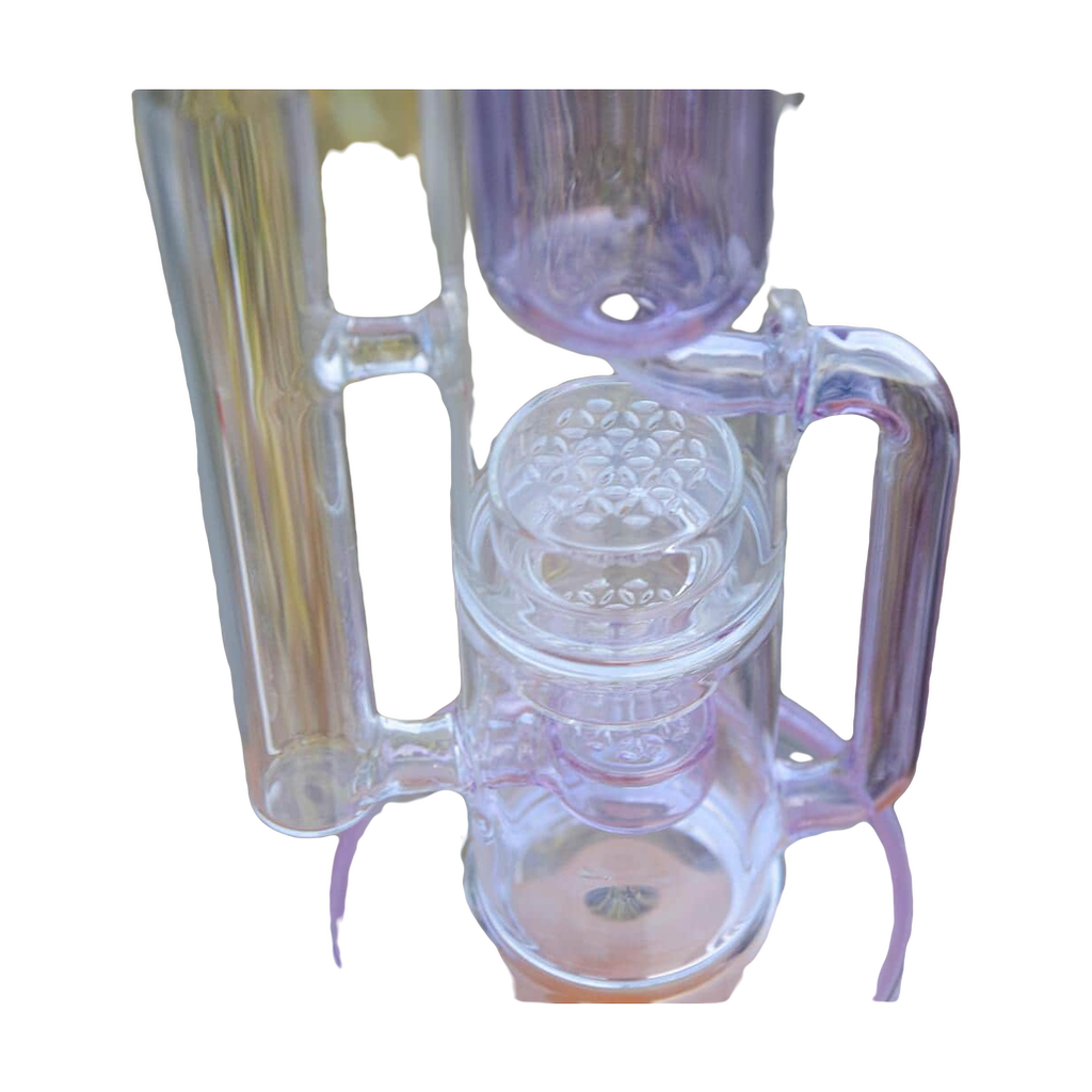 Calibear Flower Klein Bong with clear and purple glass, recycler design, side view on wooden ledge
