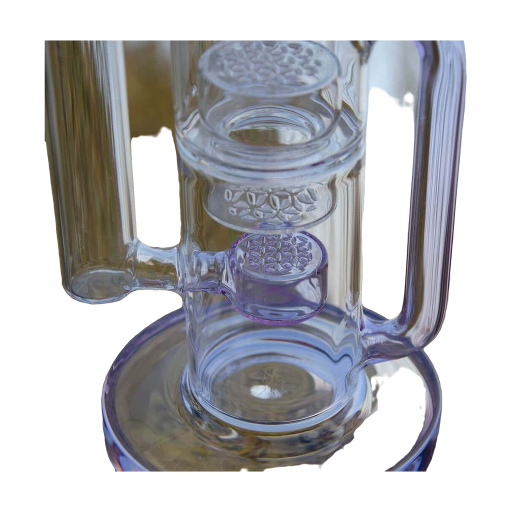 Close-up of Calibear Flower Klein Bong with clear and purple glass, recycler design, and banger hanger