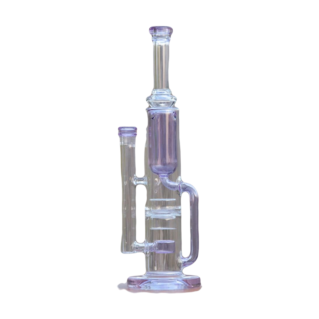 Calibear Flower Klein Bong in clear and purple glass, side view on a natural background