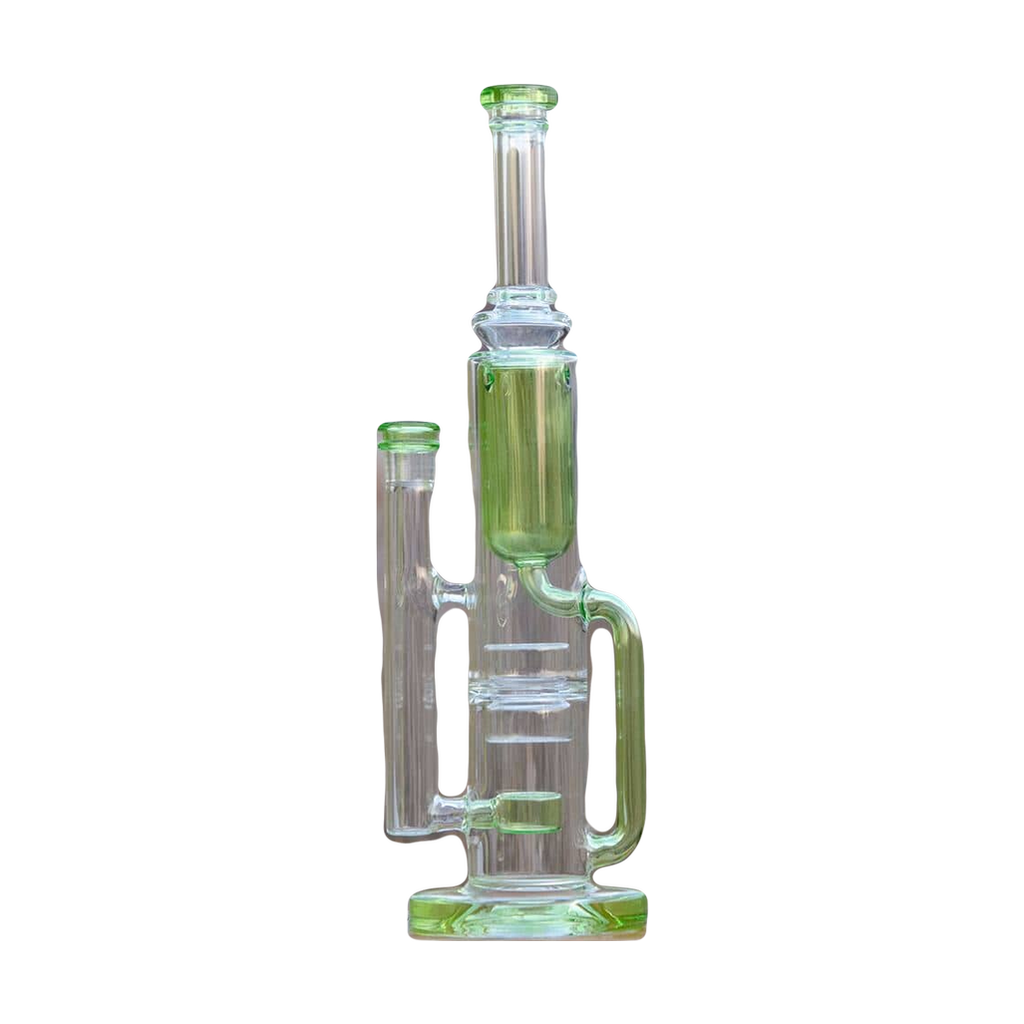 Calibear Flower Klein Bong with green accents, recycler design, and 14" height, front view