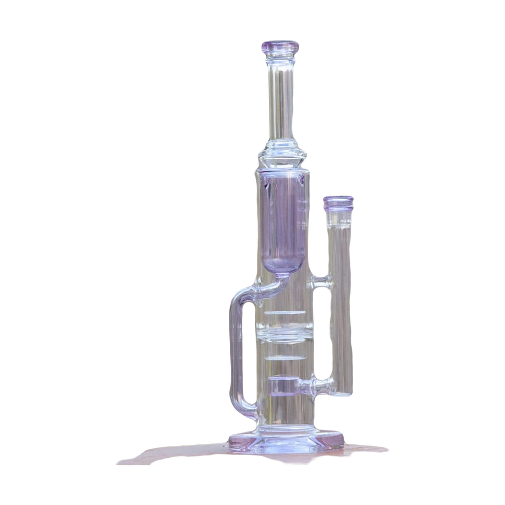 Calibear Flower Klein Bong in clear and purple glass, 14" tall, recycler design with banger hanger, outdoor view