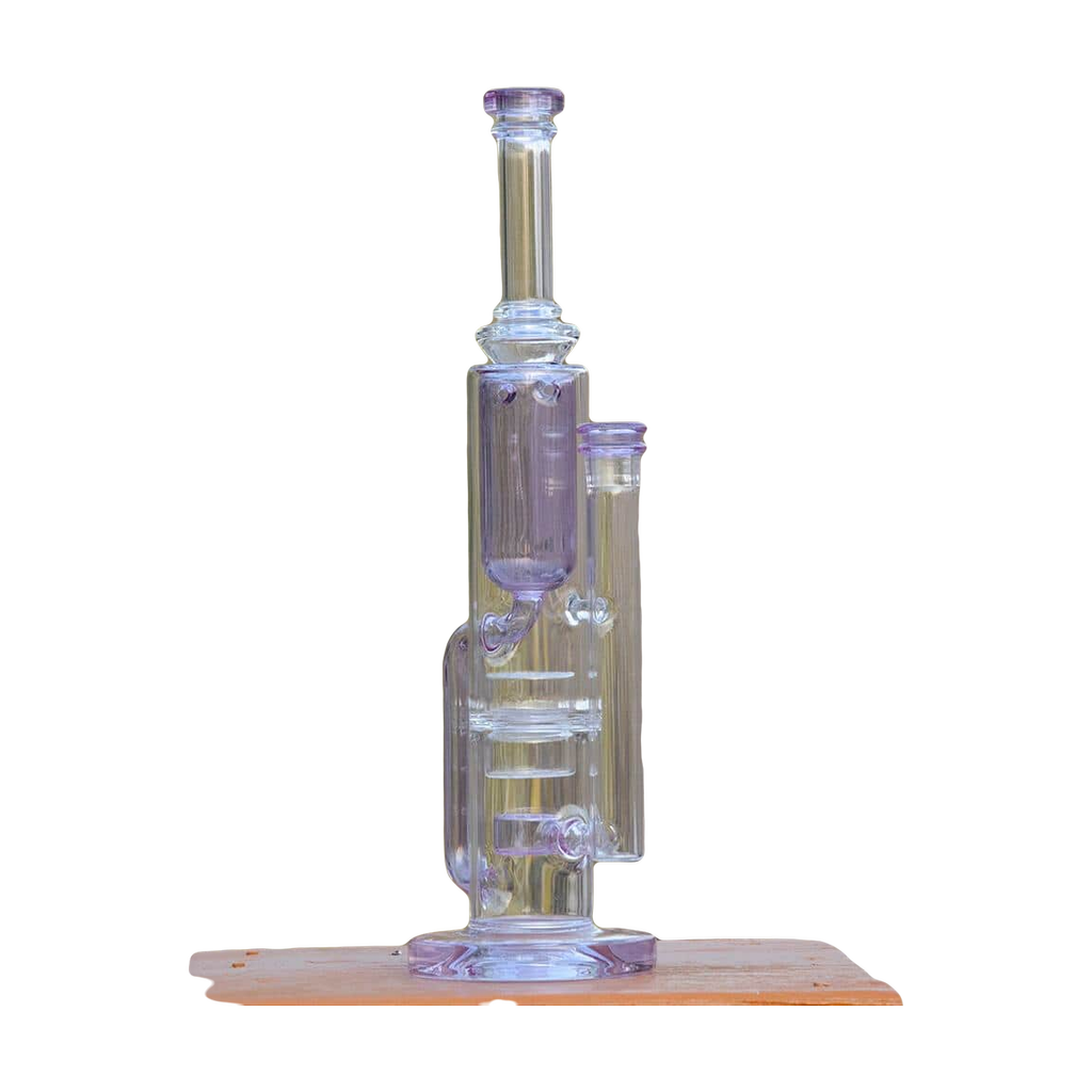 Calibear Flower Klein Bong in clear glass with purple accents, featuring recycler design and banger hanger