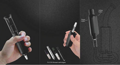 Calibear Giant Vape in black, showcasing e-nail design, battery power, for concentrates, with multiple views and diagram