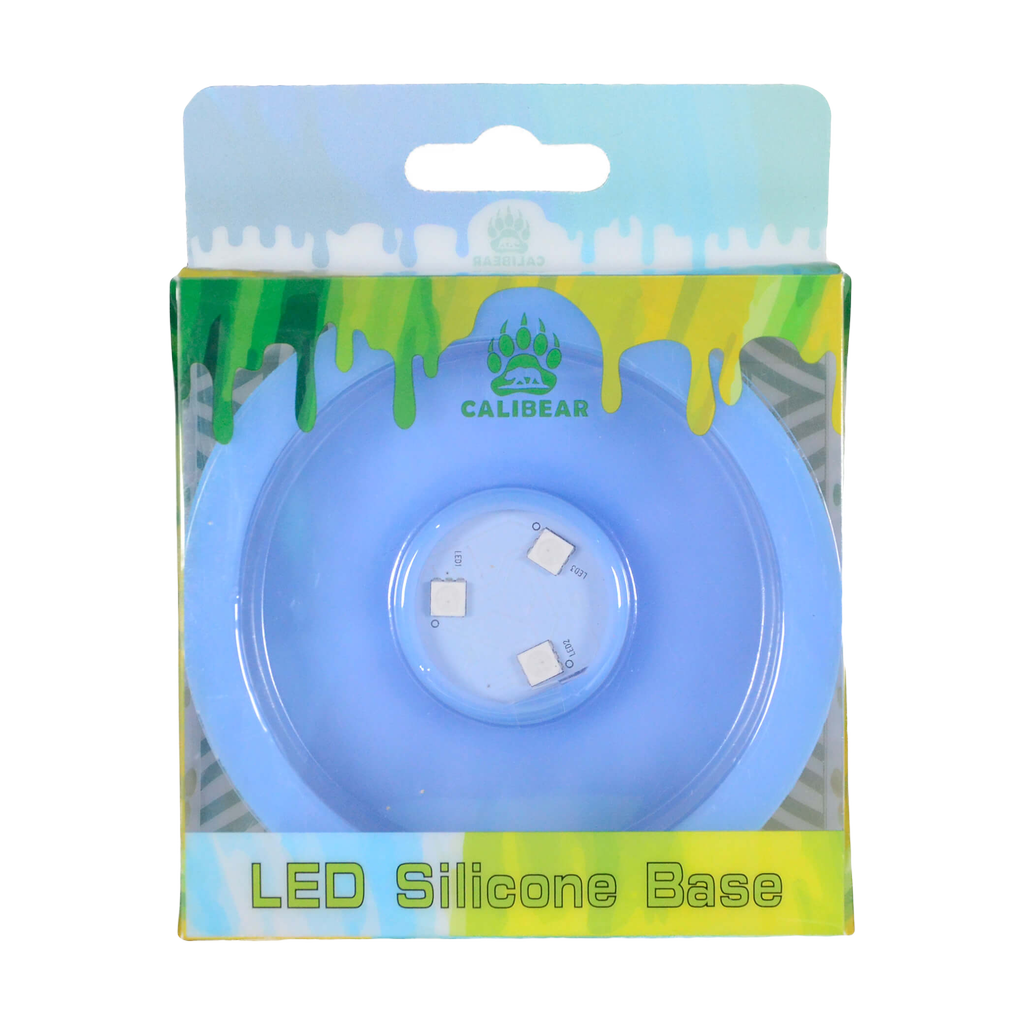 Calibear LED Silicone Base in blue for Dab Rigs, front view on retail packaging