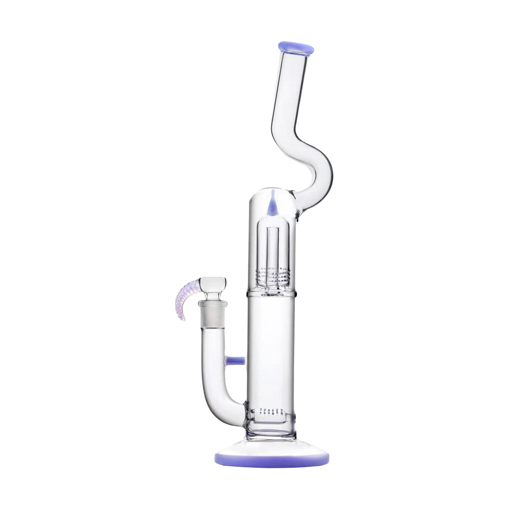 Calibear Natty Treecycler bong in clear glass with purple accents, front view on white background