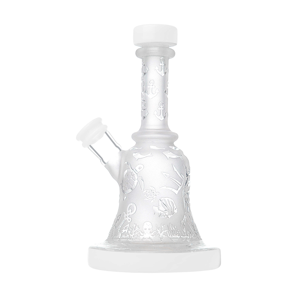 Calibear Premium Sandblasted Bell Rig with intricate design, compact 6" height, and percolator for smooth hits