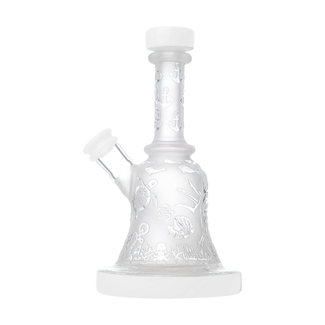 Calibear Premium Sandblasted Bell Rig with intricate design, compact 6" height, and percolator for smooth hits