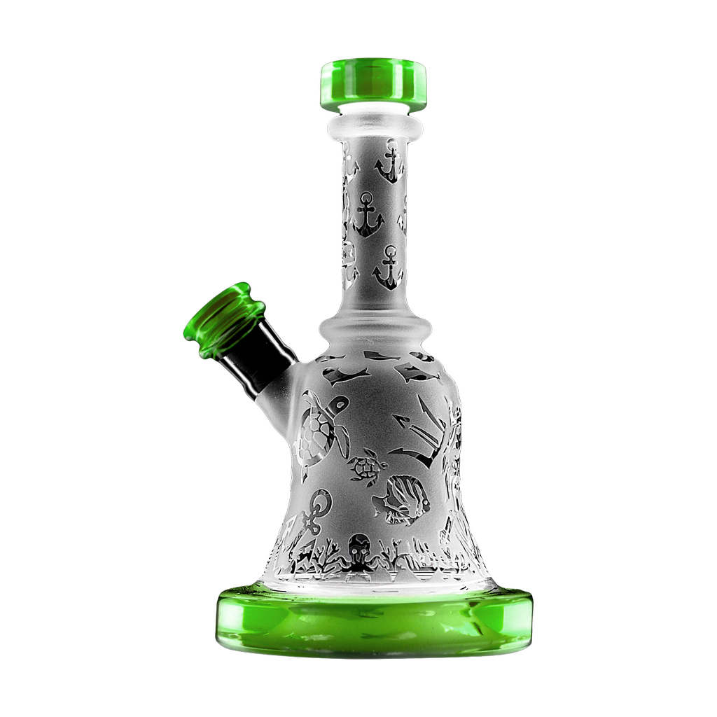 Calibear Premium Sandblasted Bell Rig with intricate designs, compact 6" size, and green accents