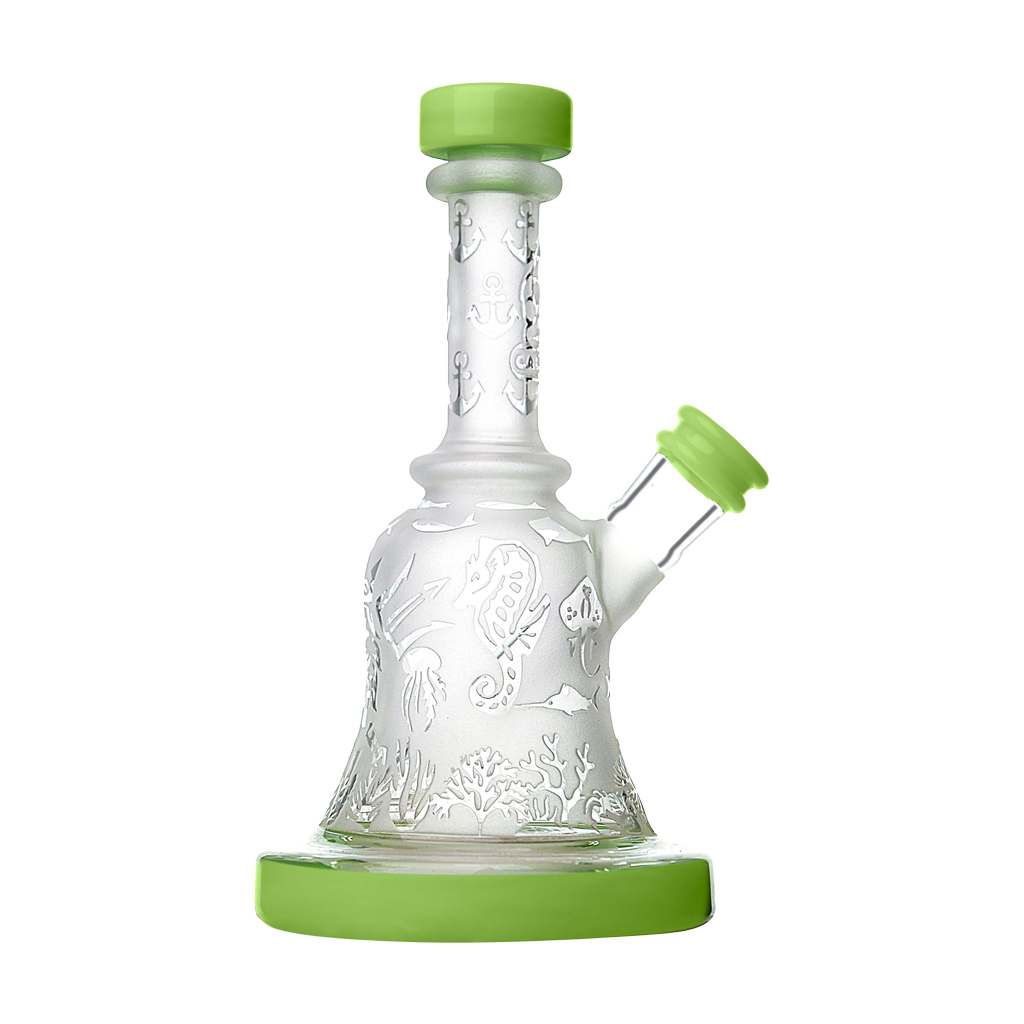 Calibear Premium Sandblasted Bell Rig with intricate designs, compact size, and percolator for smooth hits