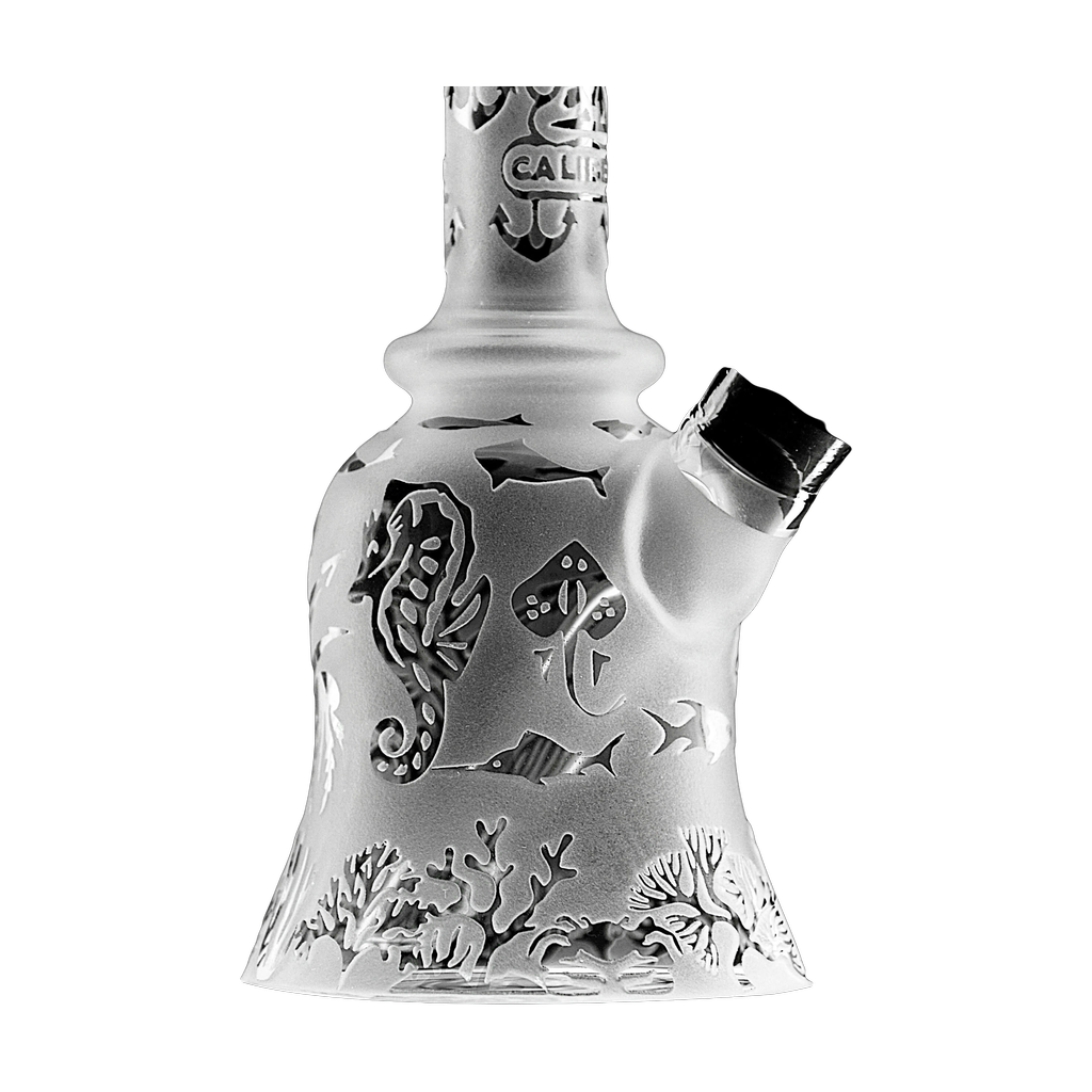 Calibear Sandblasted Bell Rig with intricate marine design, compact 6" height, perfect for concentrates