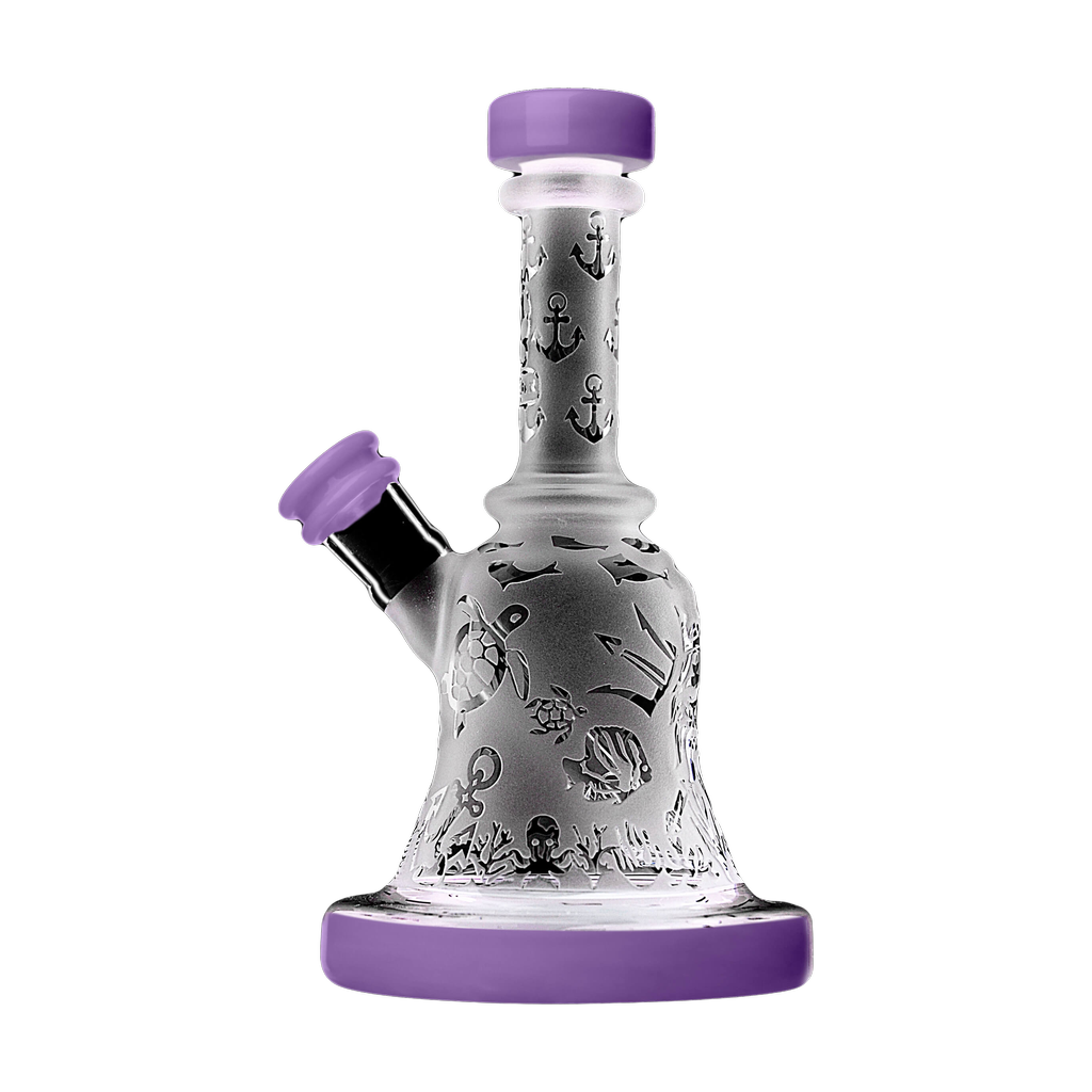 Calibear Premium Sandblasted Bell Rig with intricate designs, compact 6" height, and percolator for smooth hits