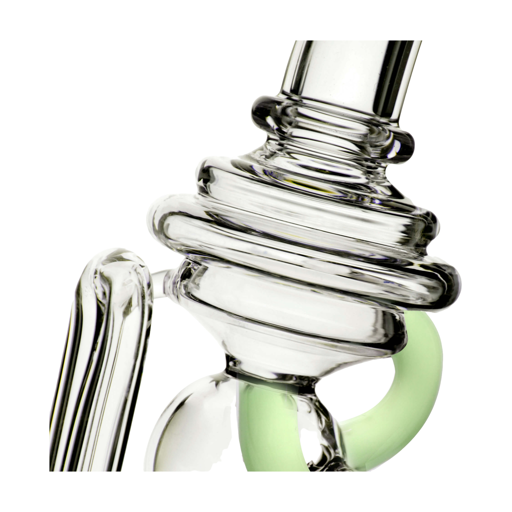 Calibear Puffco Mini Recycler Attachment in Clear Glass with Green Accents, Close-up Side View