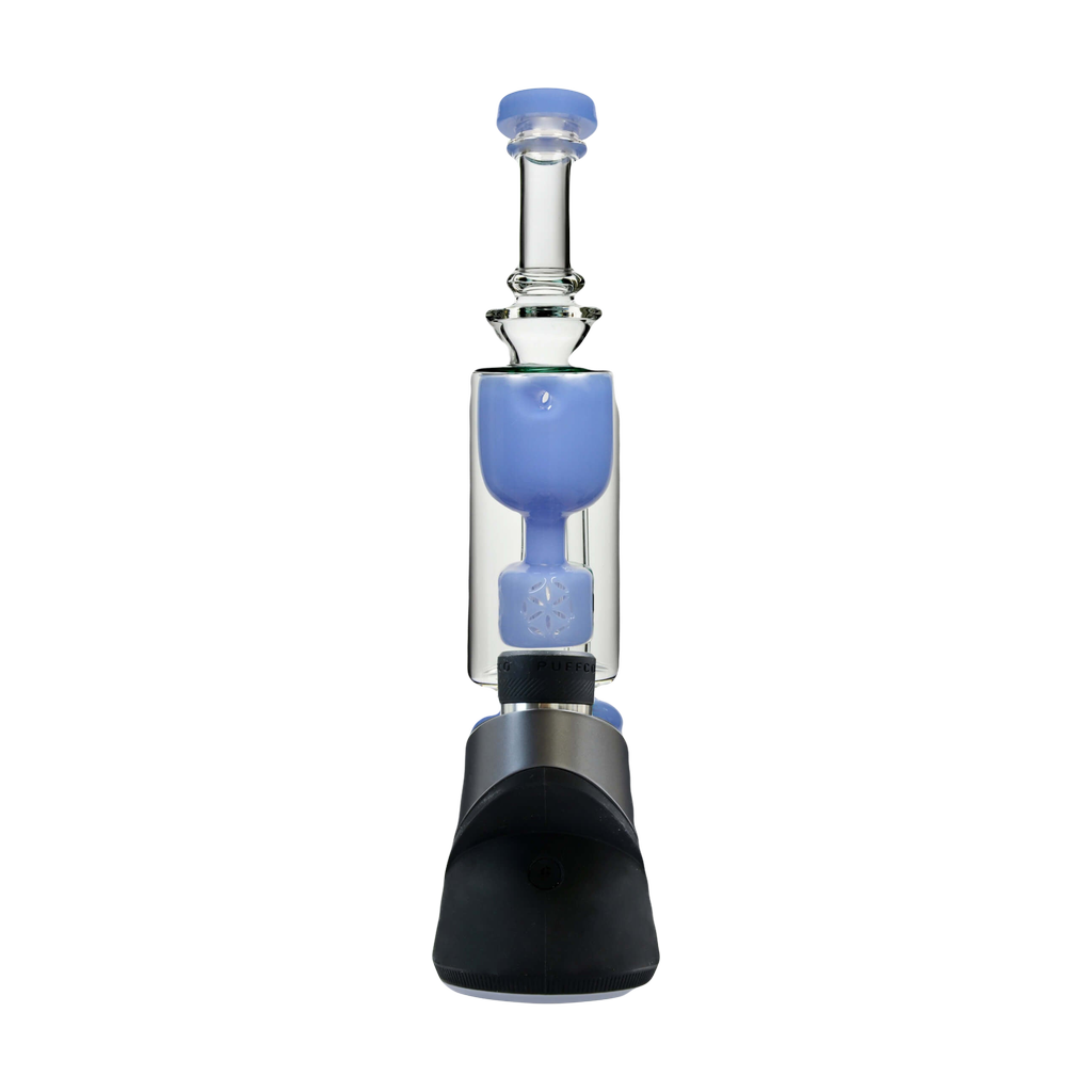 Calibear Puffco Attachment Torus in green and purple for concentrates, front view on white background