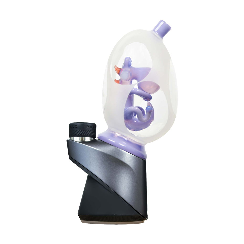 Calibear Puffco Peak Frosted Yoshi Egg glass attachment in Milky Purple, side view on white background