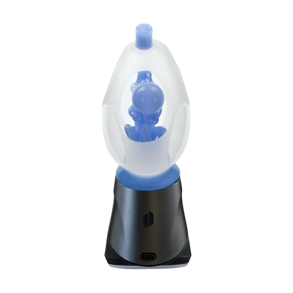 Calibear Puffco Peak accessory with frosted Yoshi egg design in borosilicate glass, front view on white background