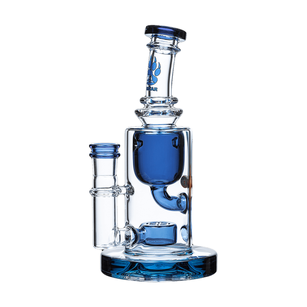 Calibear Ribbing Horn Klein Bong in Aqua, 7" Recycler Design with Quartz Banger - Front View