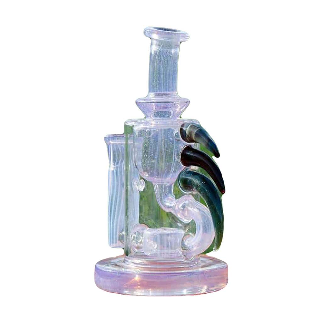 Calibear Ribbing Horn Klein Bongs in Blue and Green on Wooden Surface, Heady Recycler Design