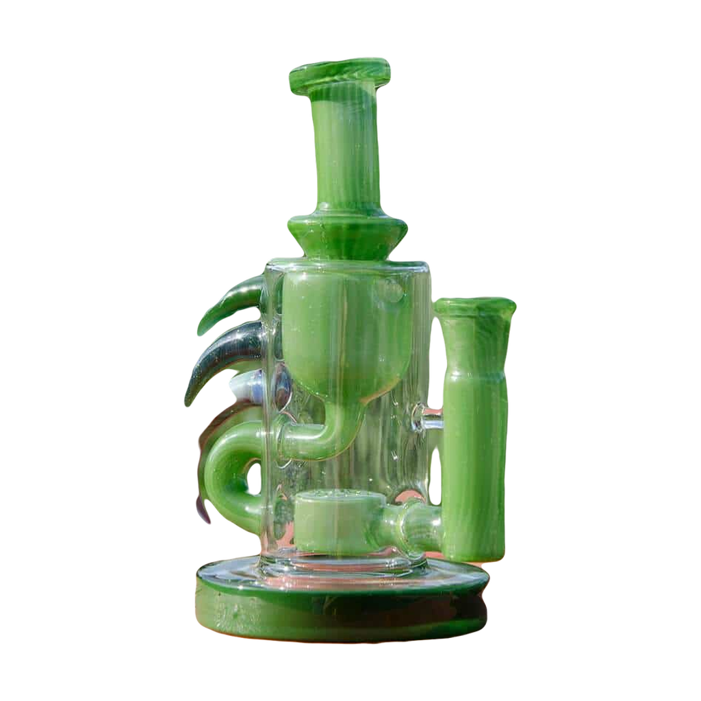 Calibear Ribbing Horn Klein Bong in green, 7" tall, 90-degree joint, side view on wooden surface