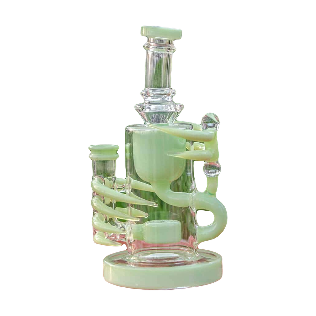 Calibear Ribbing Horn Klein bong in translucent green, 7" tall with recycler design, front view on wooden surface.