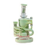 Calibear Ribbing Horn Klein bong in translucent green, 7" tall with recycler design, front view on wooden surface.