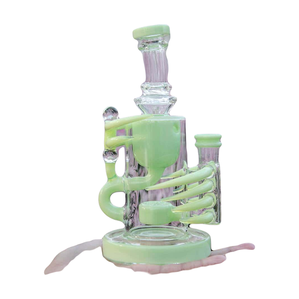 Calibear Ribbing Horn Klein Bong in pastel green, 7" heady recycler design, 90-degree joint, held in hand